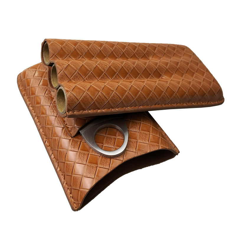Luxury Leather Cigar Case with Built-in Cigar Cutter – Travel Holder for 3 Cigars
