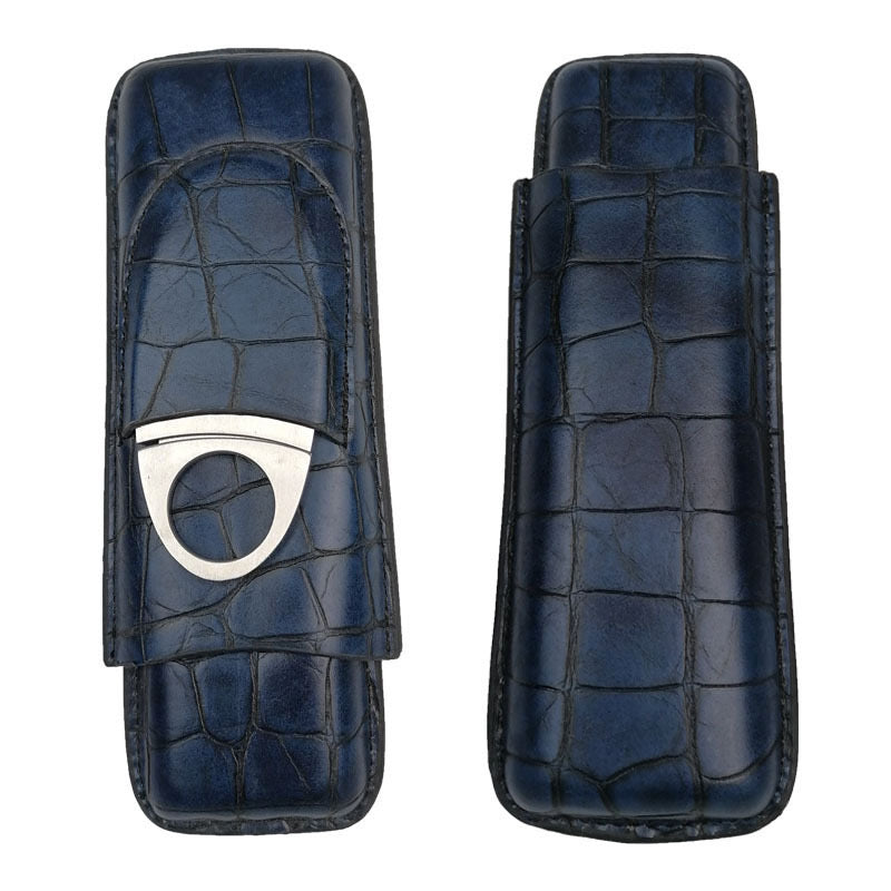 Luxury Leather Cigar Case with Built-in Cigar Cutter – Travel Cigar Holder for 2 Cigars