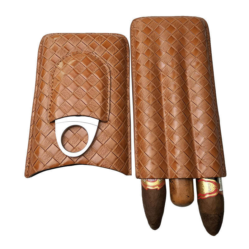 Luxury Leather Cigar Case with Built-in Cigar Cutter – Travel Holder for 3 Cigars