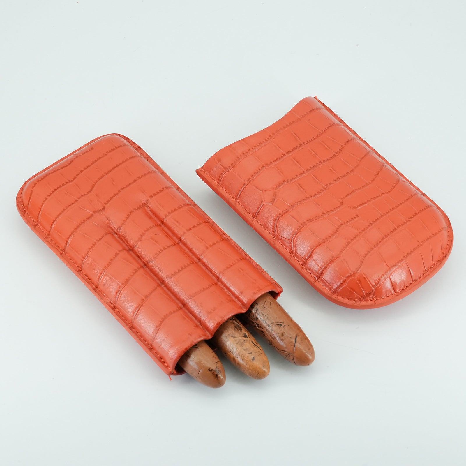 Orange Leather Cigar Case - Holds Up to 3 Cigars