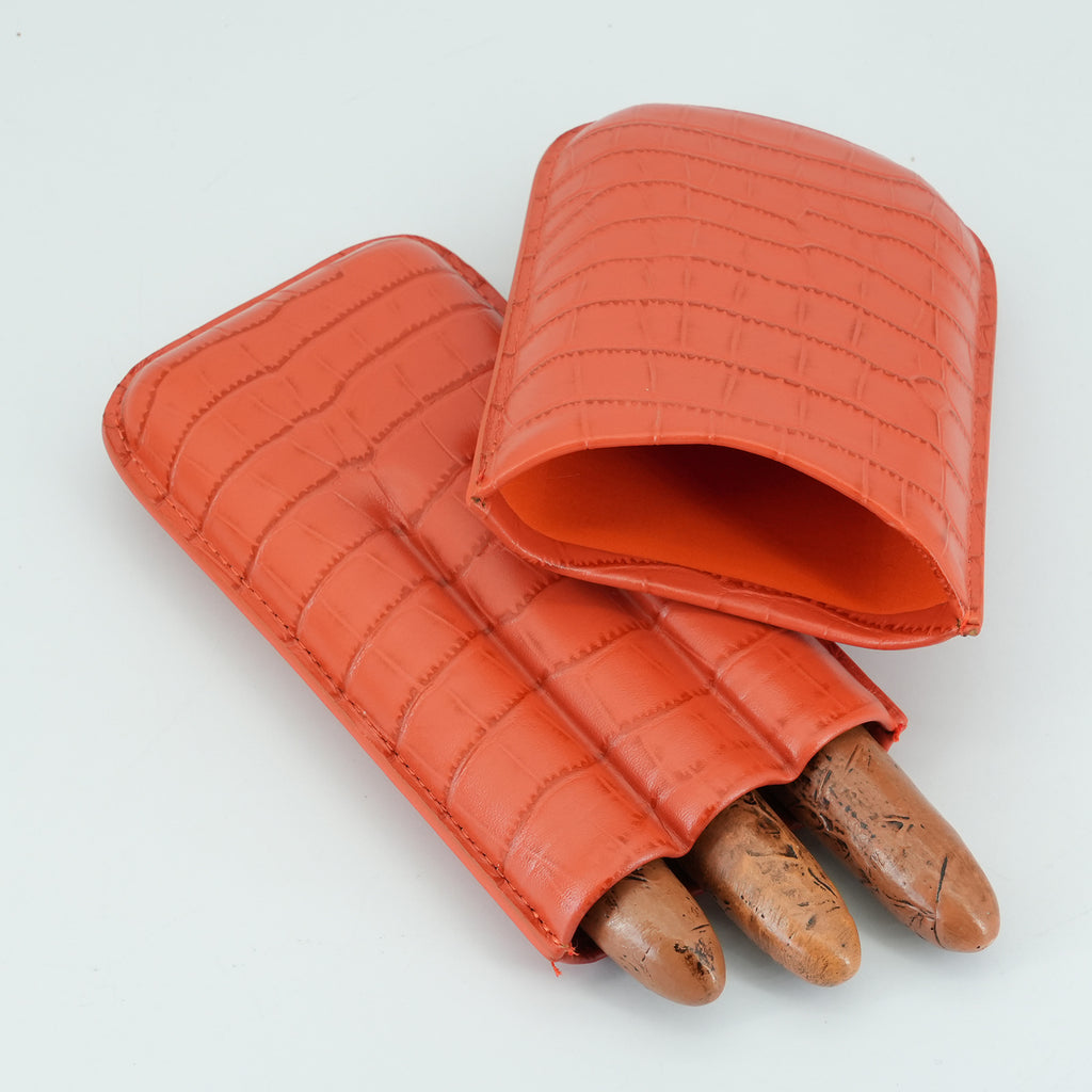 Orange Leather Cigar Case - Holds Up to 3 Cigars